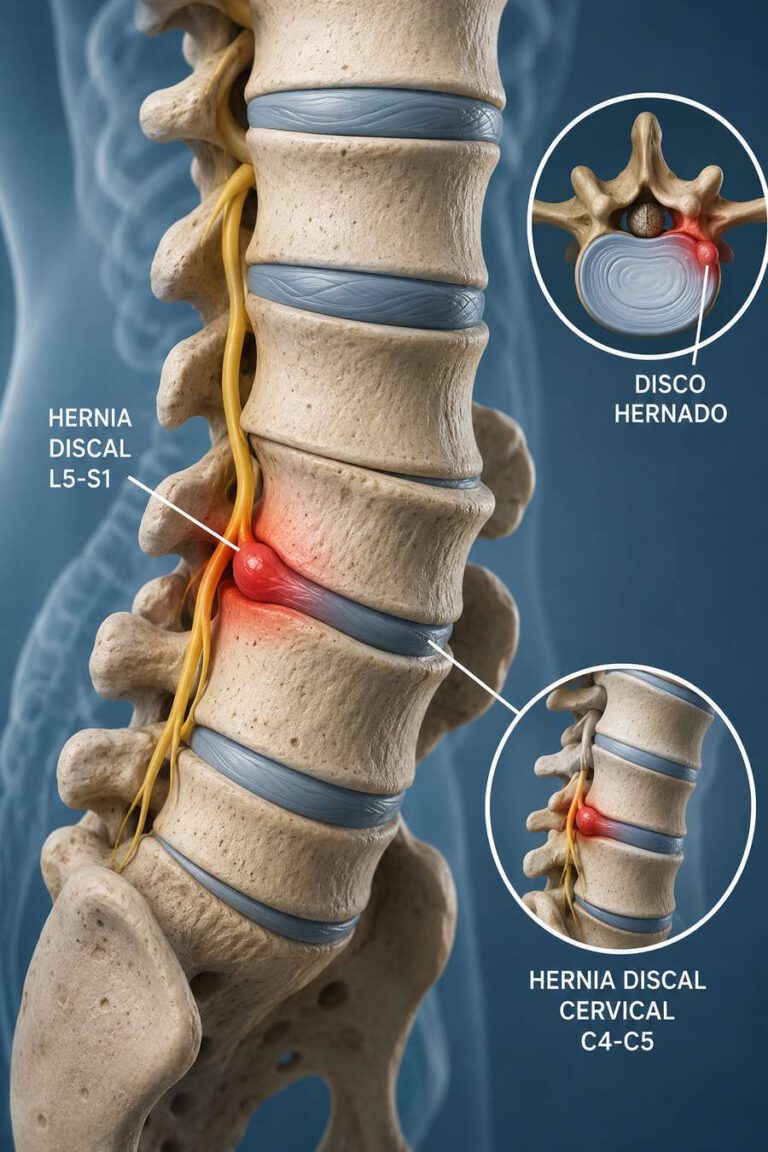 Fisioterapia para la hernia discal en Alcobendas 1 Fisioterapia hernia discal: ilustración de hernia L5-S1 lumbar y cervical C4-C5 en Alcobendas