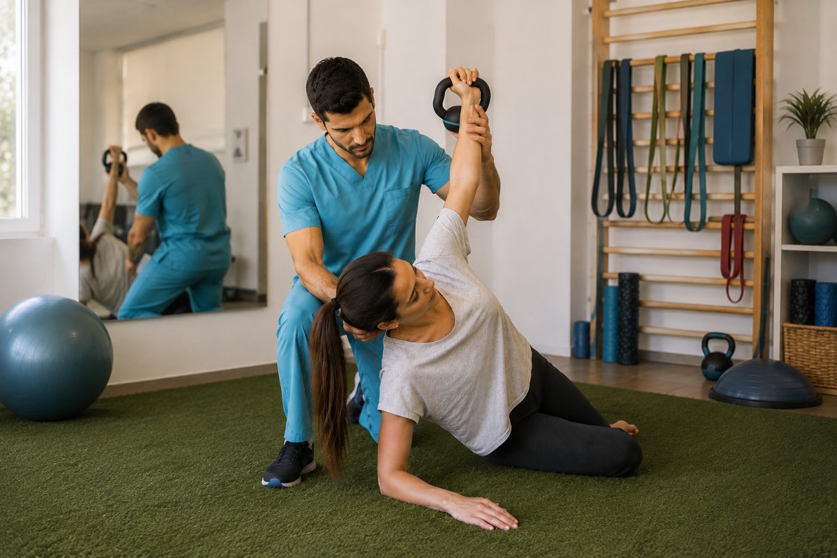 Fisioterapia funcional en Alcobendas 1 Fisioterapeuta guiando a una paciente en un ejercicio de fuerza con kettlebell en la sala de fisioterapia funcional de Clínica AlcoFisio, Alcobendas