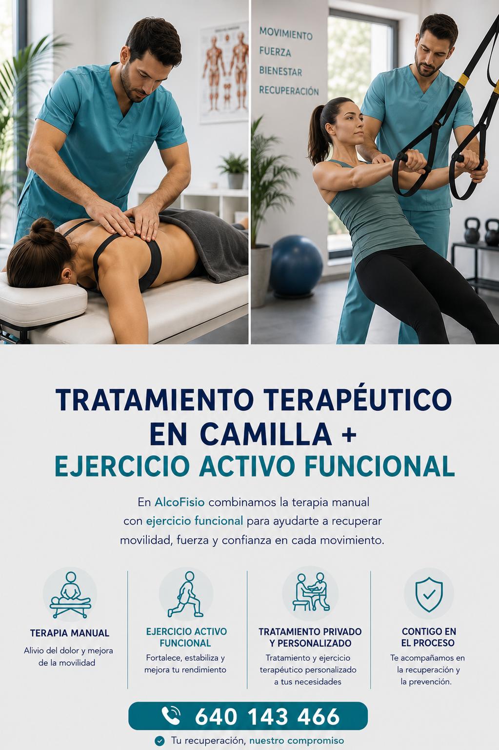 Fisioterapia funcional en Alcobendas 2 Fisioterapeuta aplicando terapia manual en camilla y guiando ejercicio activo con TRX en Clínica AlcoFisio, Alcobendas