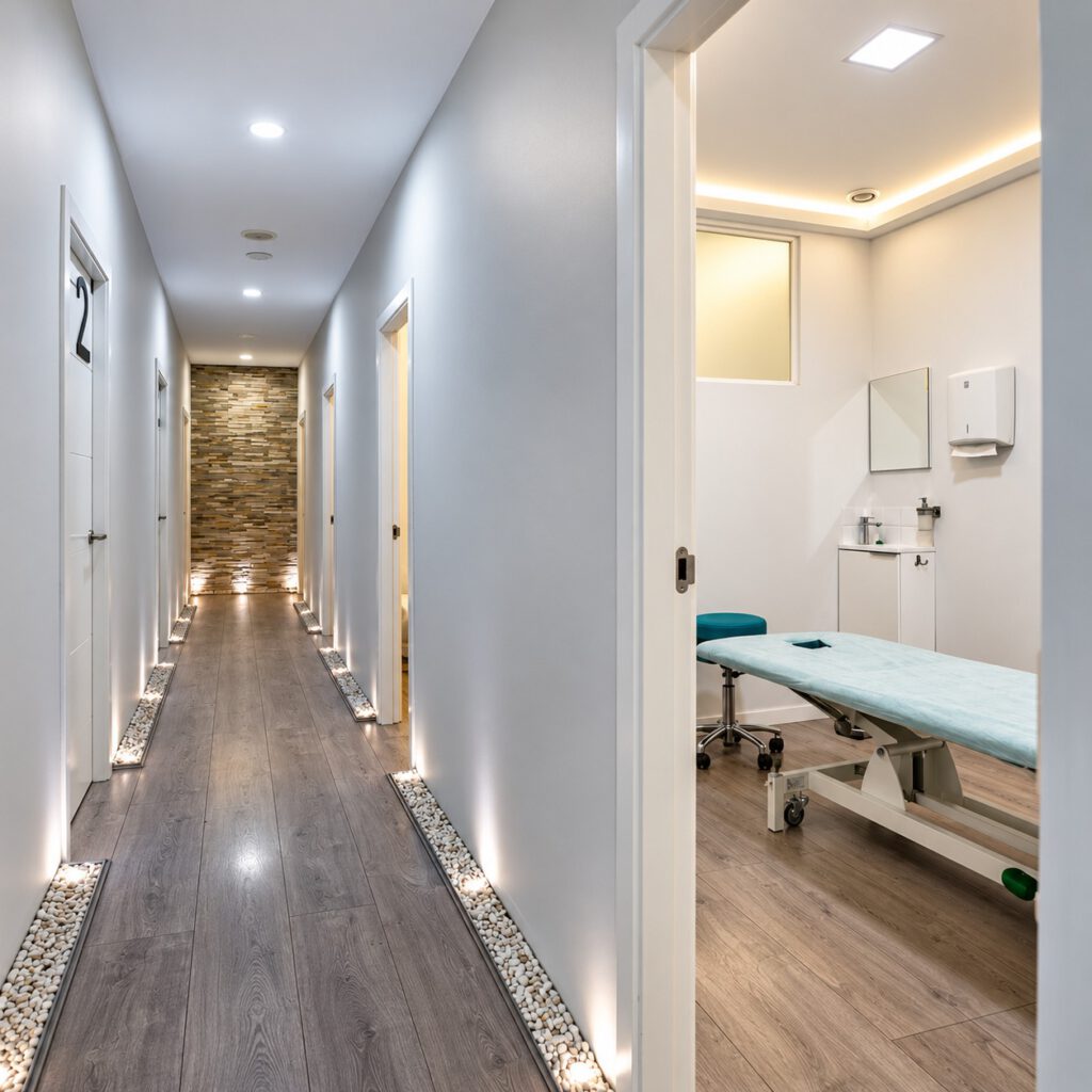 Fisioterapia 6 Pasillo interior y sala de tratamiento de Clínica AlcoFisio en Alcobendas