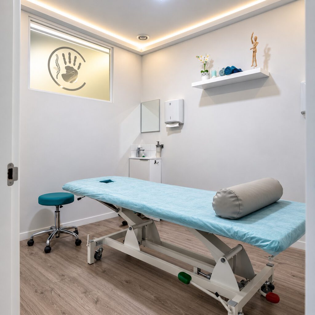Sala de osteopatía con camilla en Clínica AlcoFisio, Alcobendas