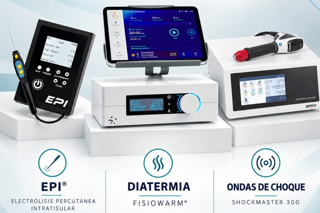 Equipos de ondas de choque Shockmaster 300, diatermia Fisiowarm y EPI de la fisioterapia avanzada de AlcoFisio en Alcobendas
